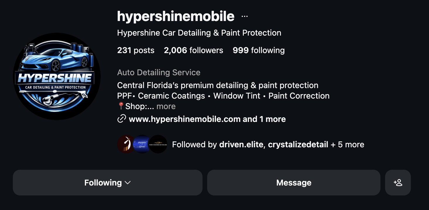 Instagram profile of Hypershine Mobile Detailing