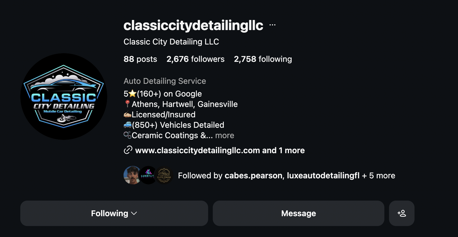 Instagram profile of Classic City Detailing
