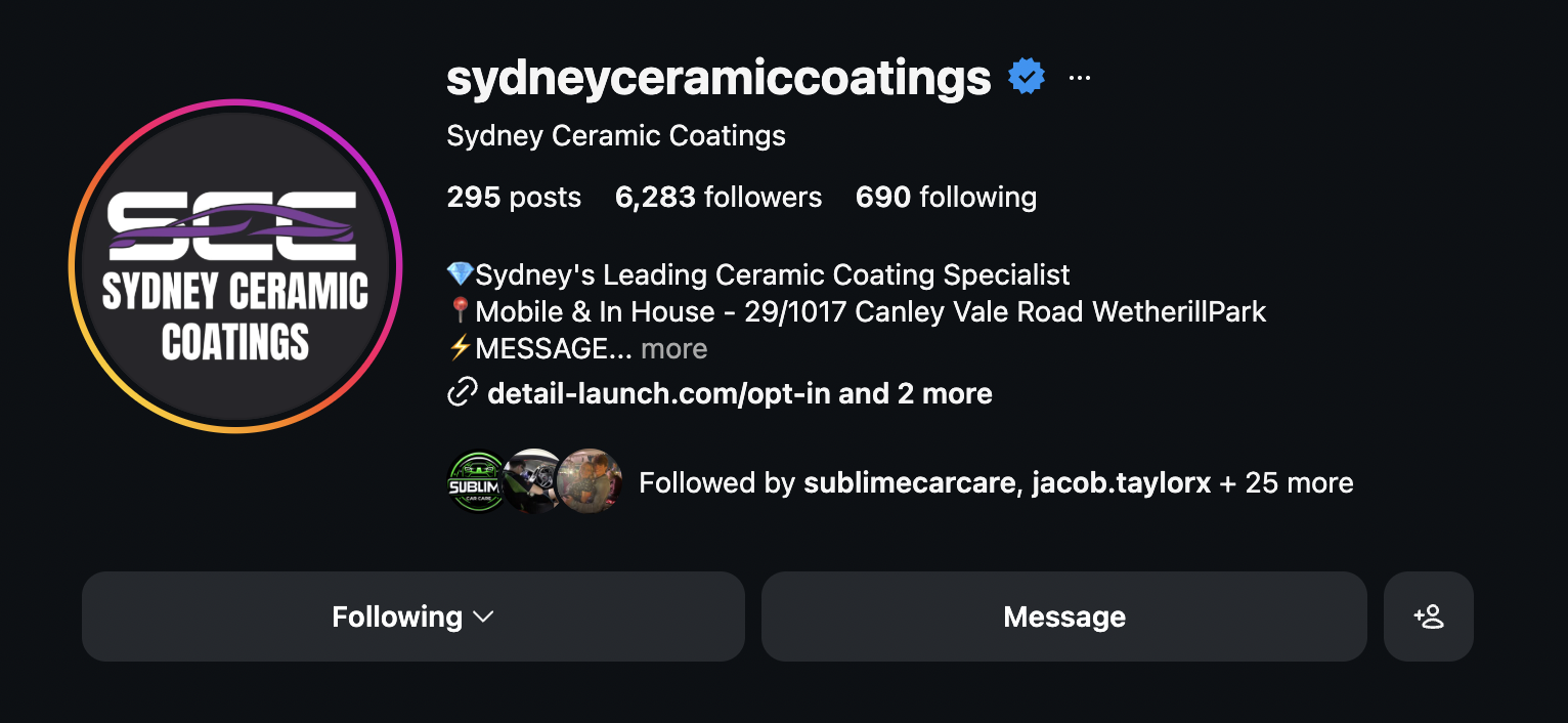 Instagram profile of Sydney Ceramic Coatings