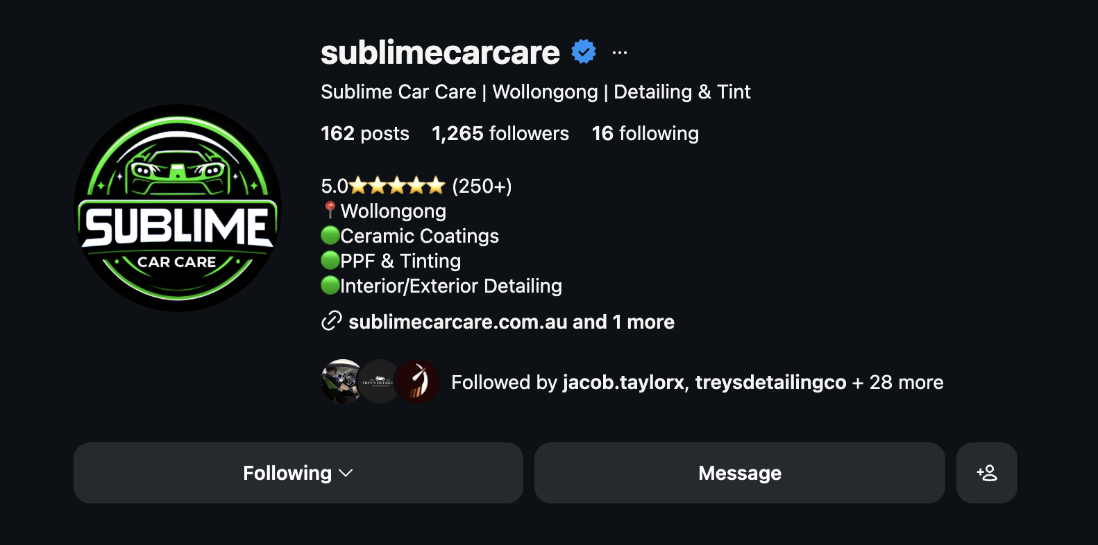 Instagram profile of Sublime Car Care