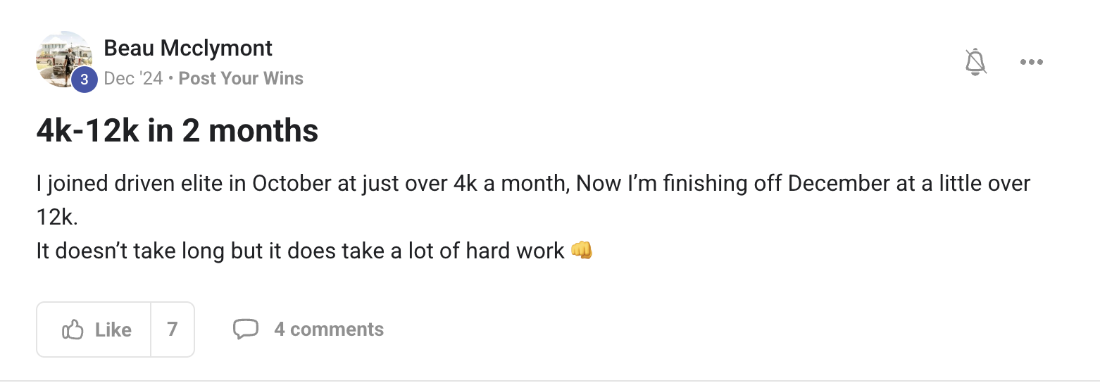 Member win posted in the Driven Elite community