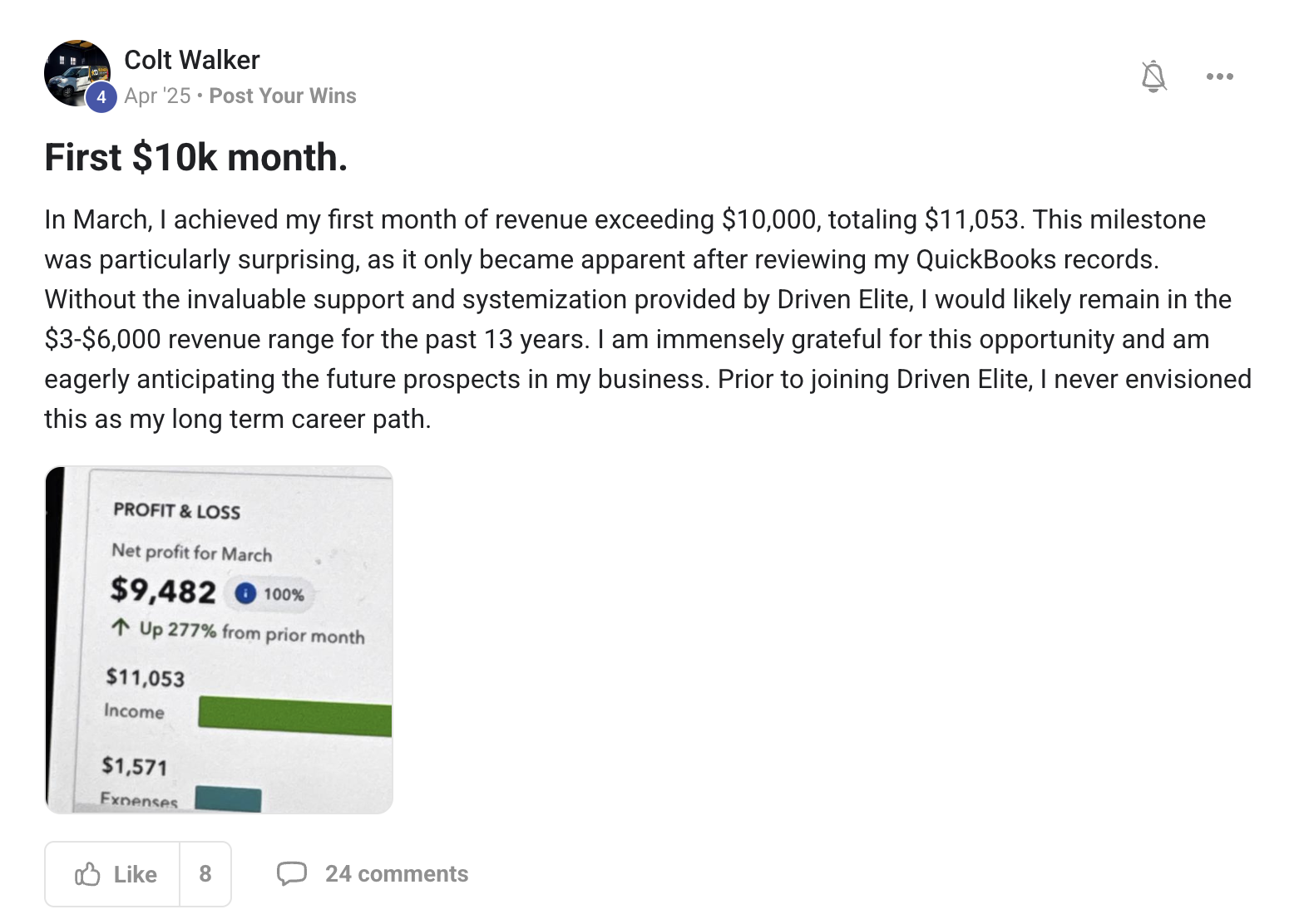 Member win posted in the Driven Elite community